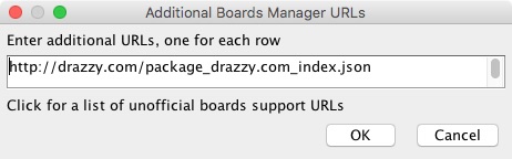 Arduino IDE 1.8.5 Additional Boards Manager URLS settings dialog