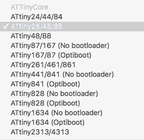Arduino IDE 1.8.5 Select ATTiny board ATTinyCore
